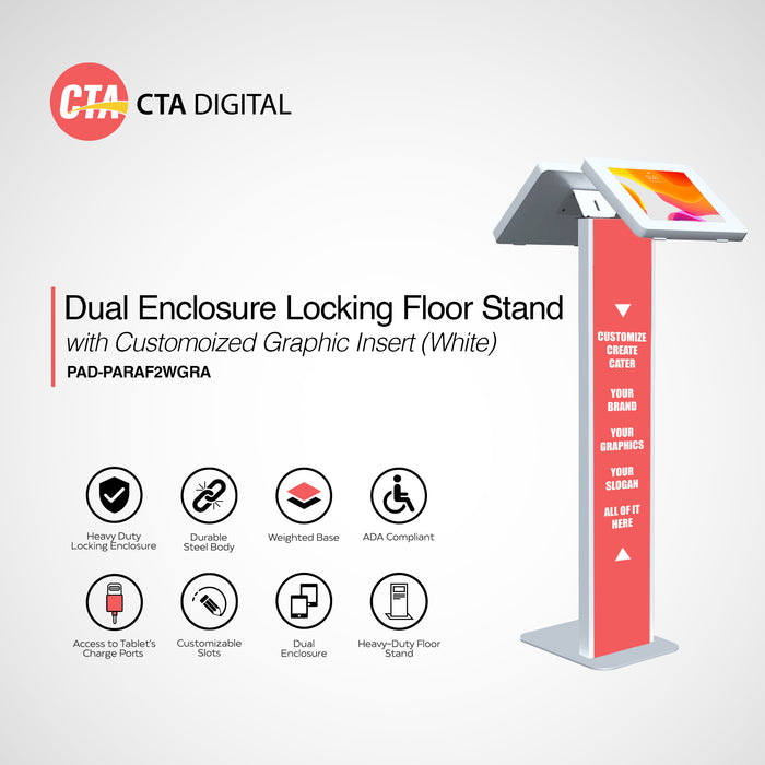 Dual Enclosure Locking Floor Stand Kiosk with Customized Graphic Insert (White)